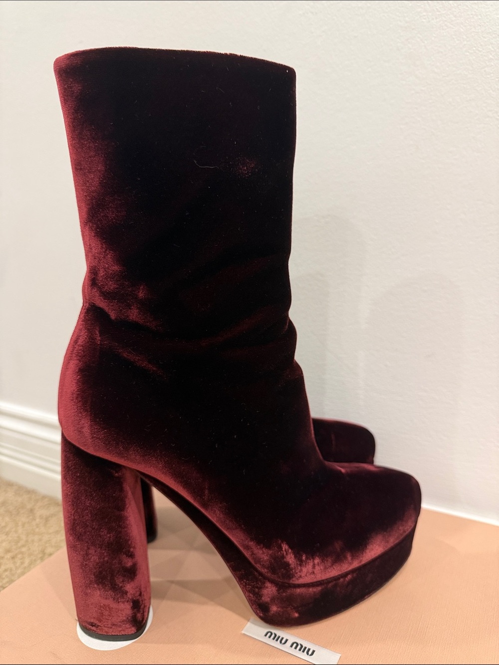 Miu Miu Velvet Platform Ankle Boots Burgundy Size 37 Box Dust Bags Authentic